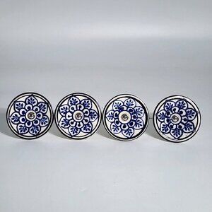 Home Decor Unique Ceramic Knobs Pulls for Kitchen Dresser Blue Floral Lot of 4